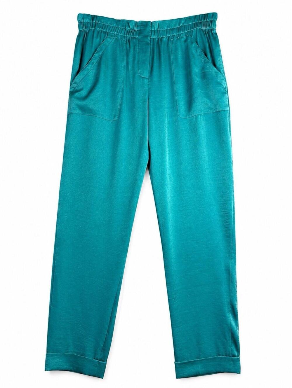 BCBGMAXAZRIA Melia Size 6 Blue Surf Satin Ankle Pants Elastic Waist Pockets